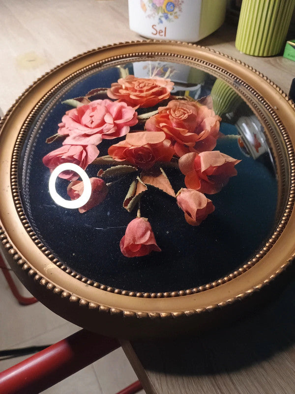 Magnifique ancien grand cadre ovale verre bombé fleurs séchées.