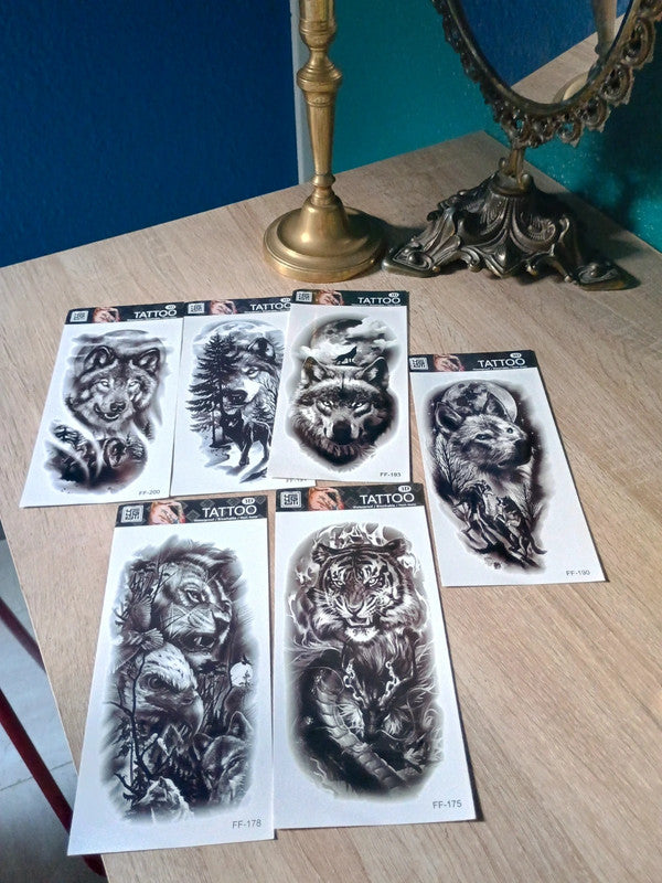 Pack lot comprenant 6 tatouages tattoo éphémères loups pour adultes