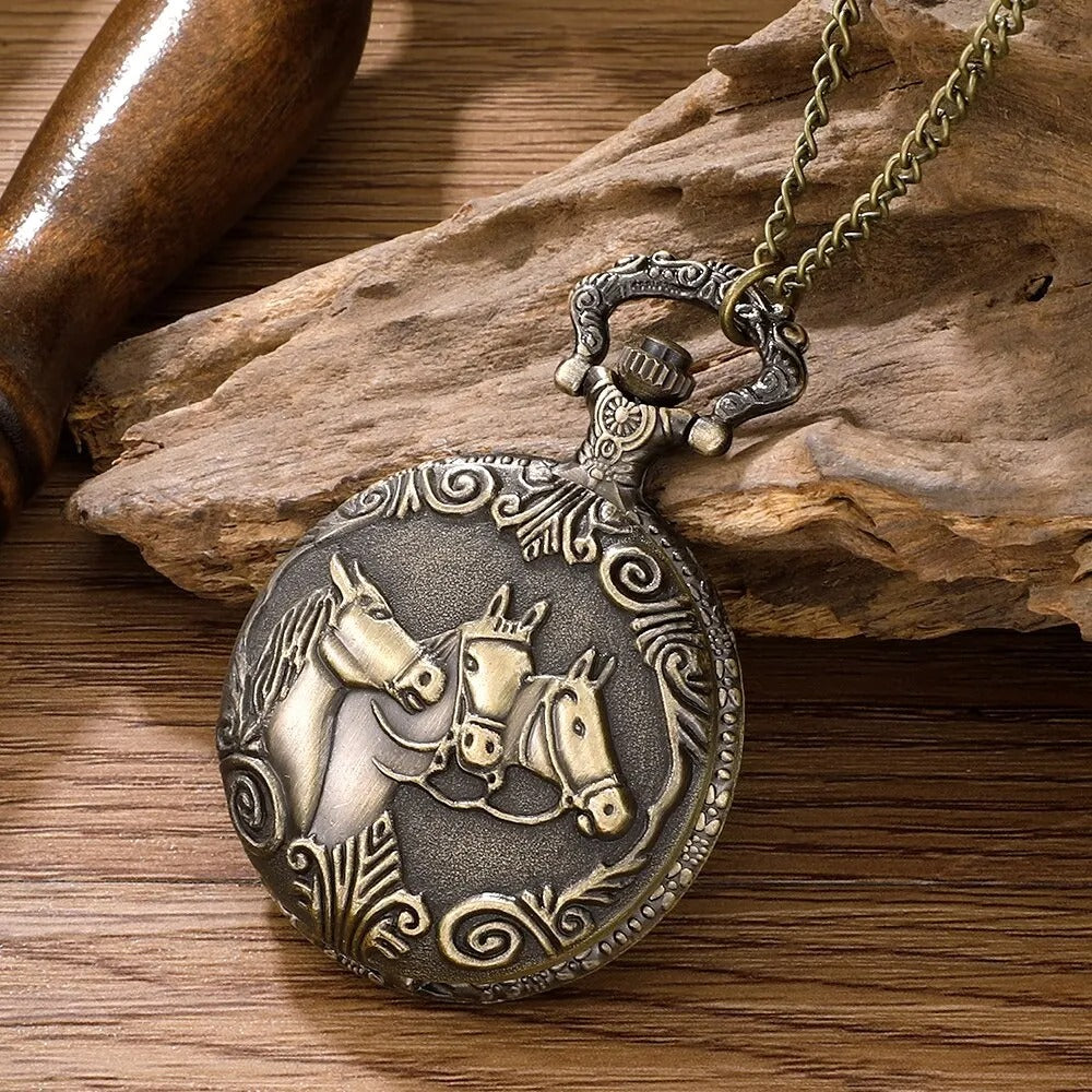 Montre de Poche à gousset Quartz motif chevaux pour Homme et Femme style ancien