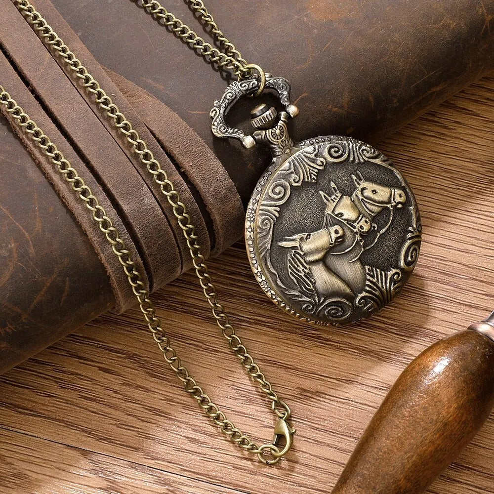 Montre de Poche à gousset Quartz motif chevaux pour Homme et Femme style ancien