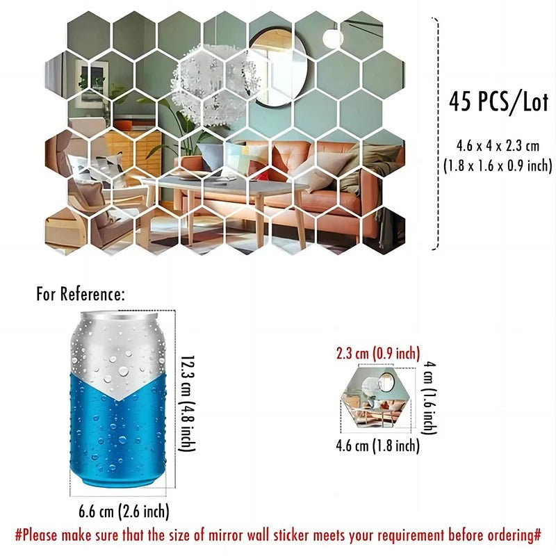 Autocollant mural miroir 45 pièces hexagonal
