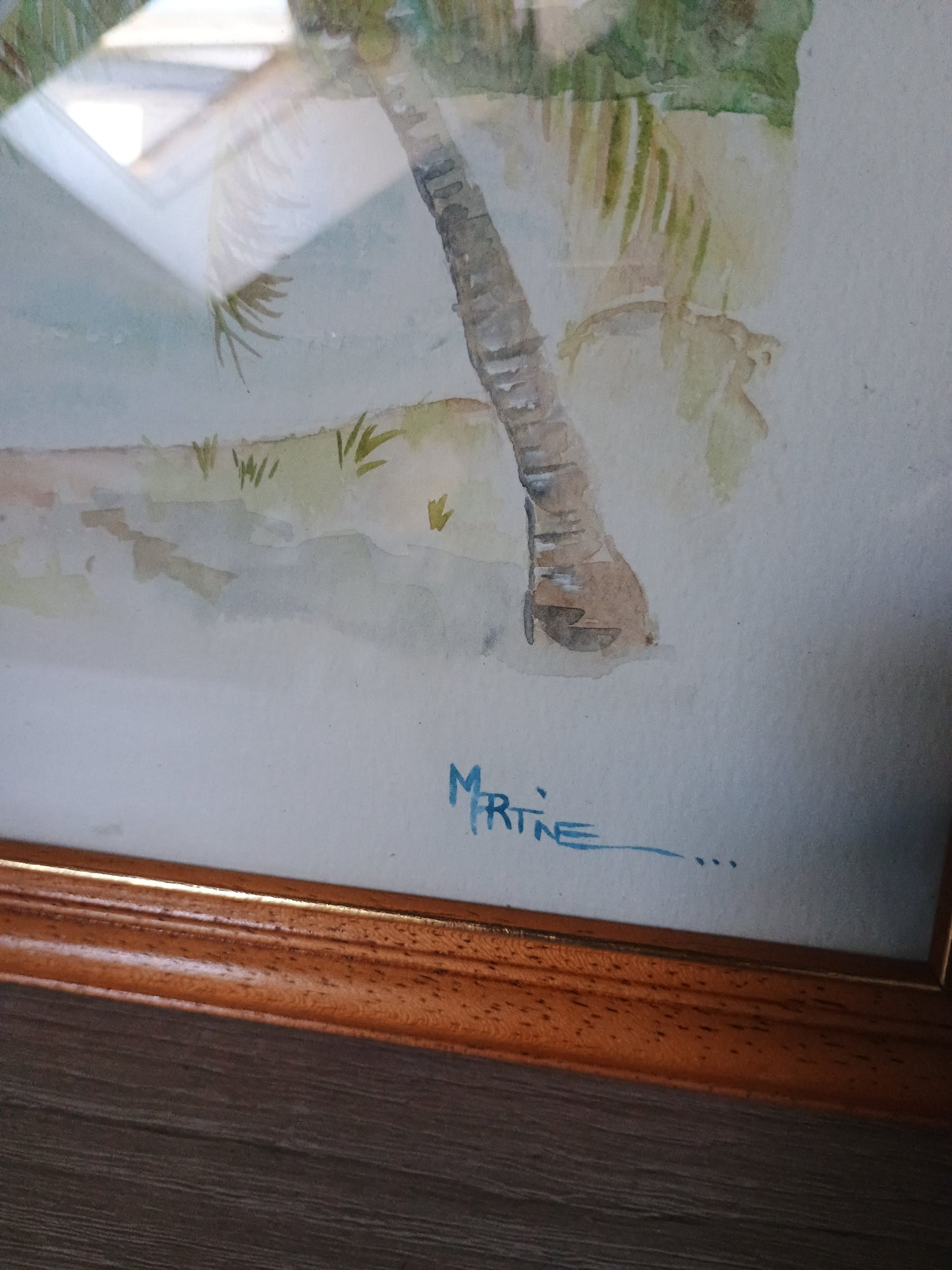 Belle peinture marine bord de Mer cocotiers bateau signé Mrtine