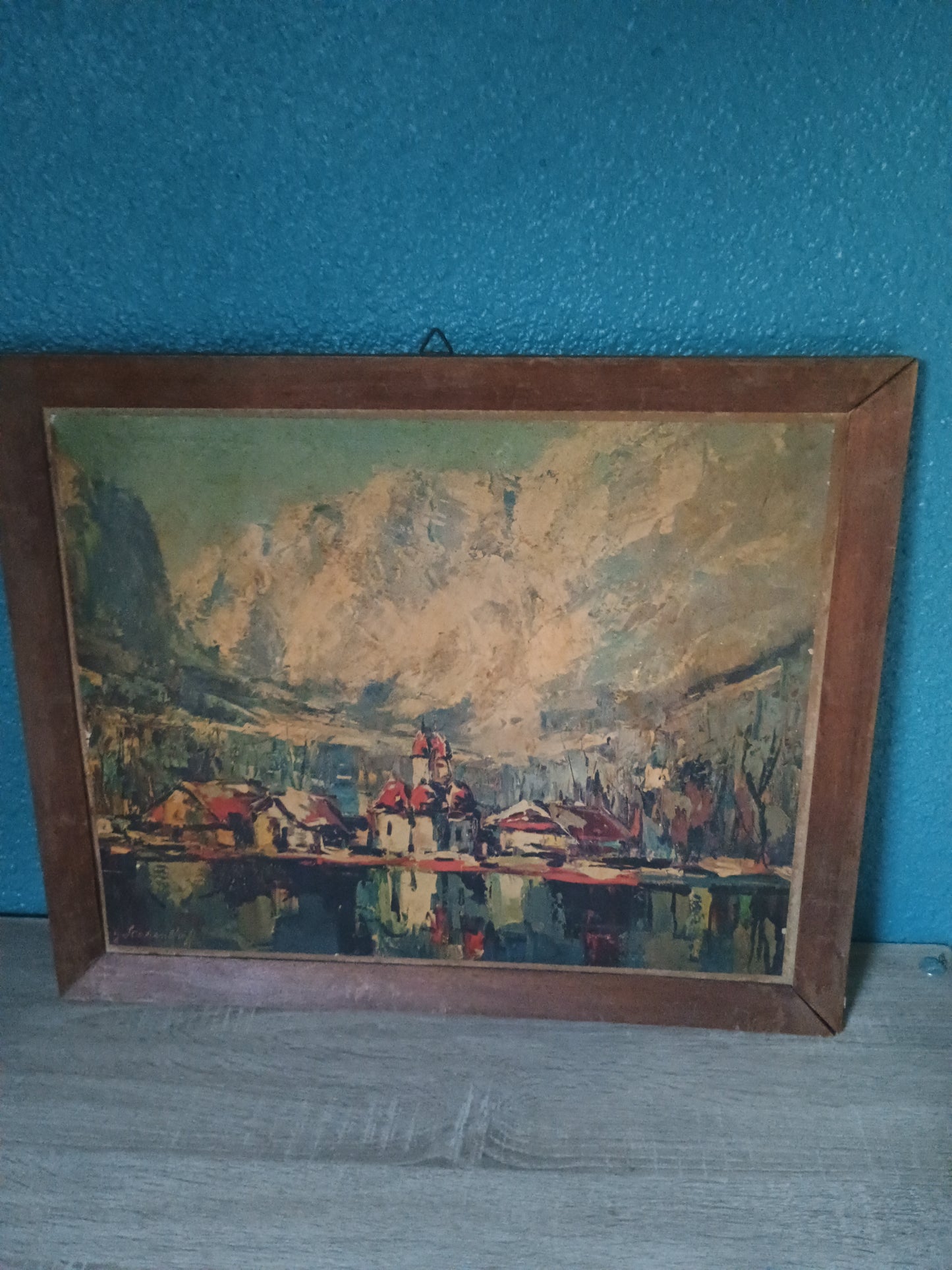Peinture village suisse avec lac signé hohendorff