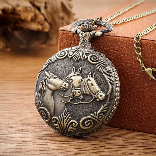 Montre de Poche à gousset Quartz motif chevaux pour Homme et Femme style ancien