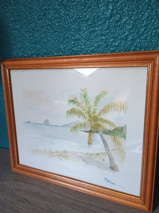 Belle peinture marine bord de Mer cocotiers bateau signé Mrtine