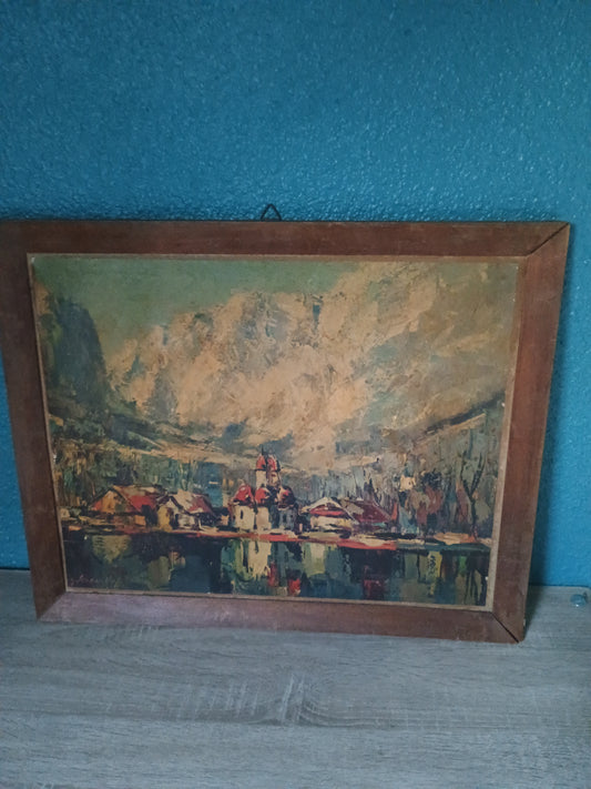 Peinture village suisse avec lac signé hohendorff